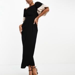 ASOS Women’s Black and Champagne Short Sleeve Asymmetric Neckline Midi Dress 6